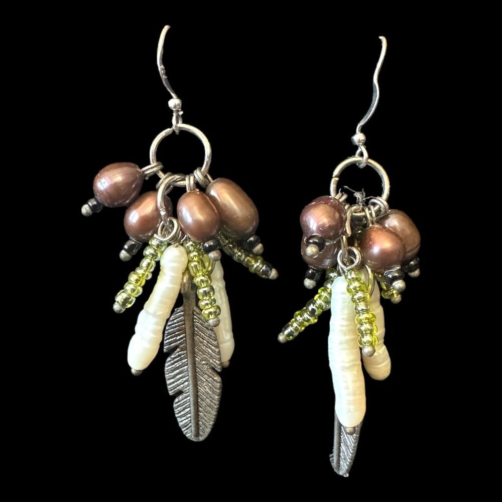 Sterling Genuine Pearl Dangle Earrings Biwa Pearls Feather Detail Beautiful Fun - Picture 3 of 7